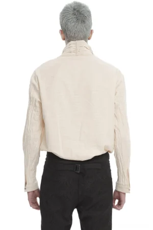 Vintage stand collar cotton shirt rear view on male model, showing pleated yoke and high collar design with black trousers