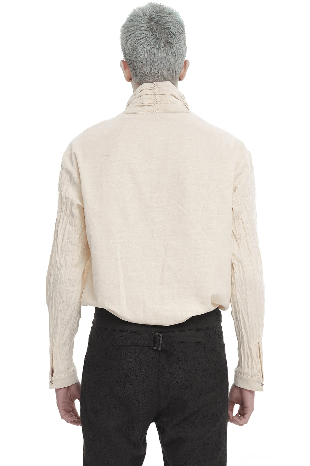 Vintage stand collar cotton shirt rear view on male model, showing pleated yoke and high collar design with black trousers