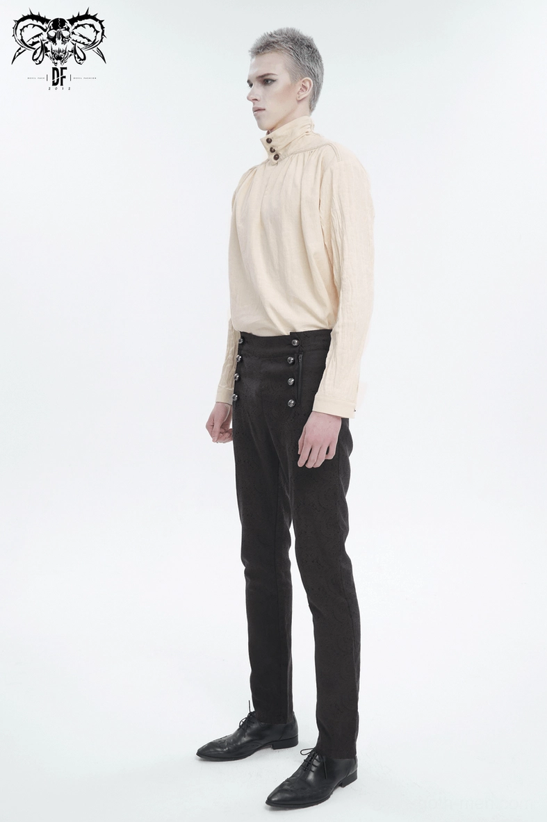 Beige gothic vintage shirt close-up on model, highlighting the embroidered collar trim and stand collar structure