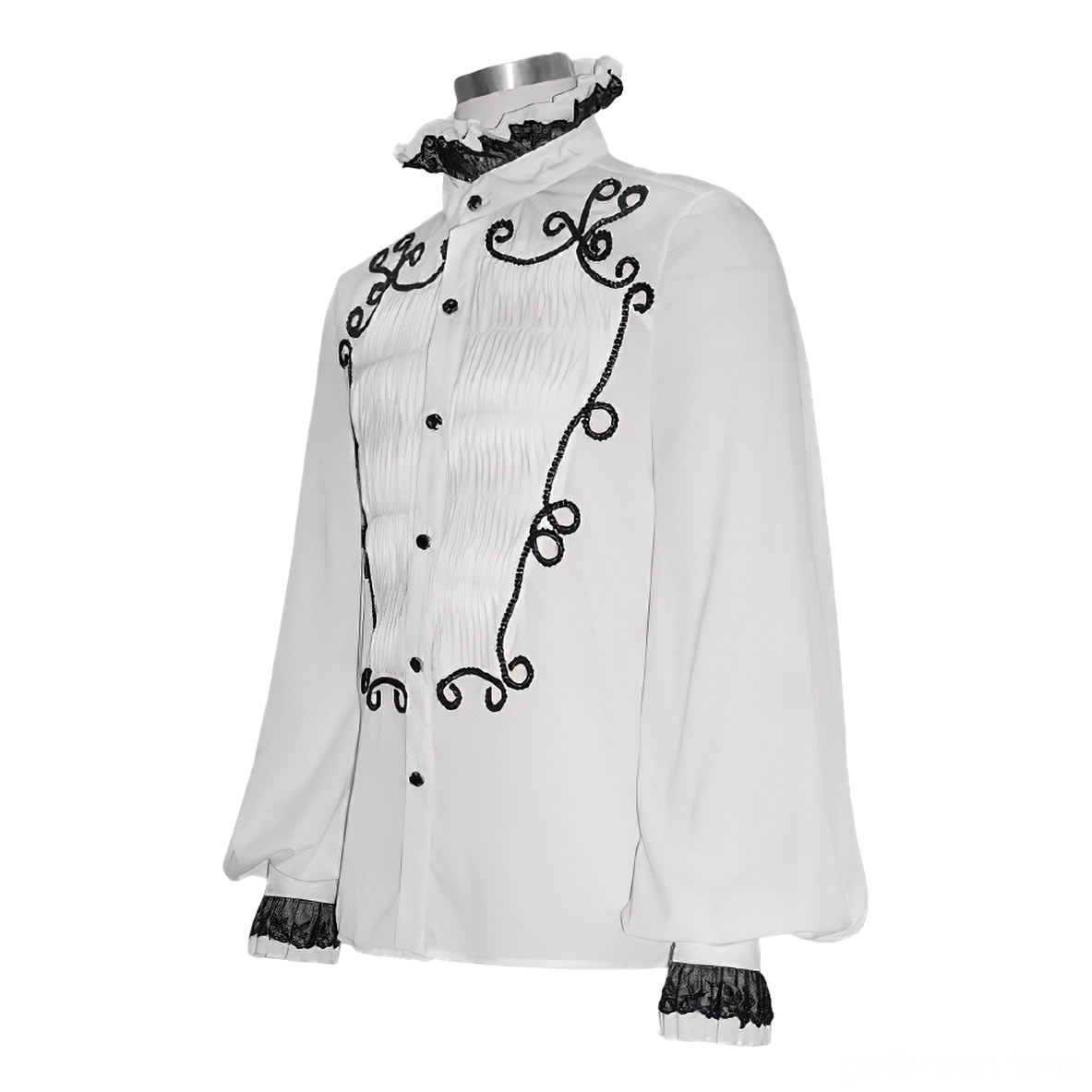 Men's vintage gothic white shirt detail - three quarter view showing black lace collar cuffs and ornamental embroidery