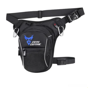 Dark industrial-style thigh bag with blue logo accents, featuring mesh front pocket and metal carabiners for cyberpunk fashion