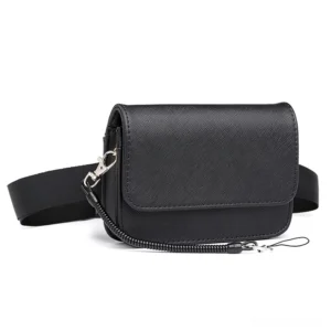 Black gothic waist bag front view - premium PU leather with cross-textured surface and metal hardware