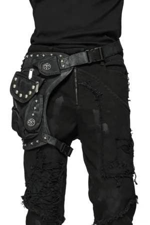 Black gothic tactical waist bag with metal studs worn on male model, side view showcasing adjustable webbing straps and rivet detailing