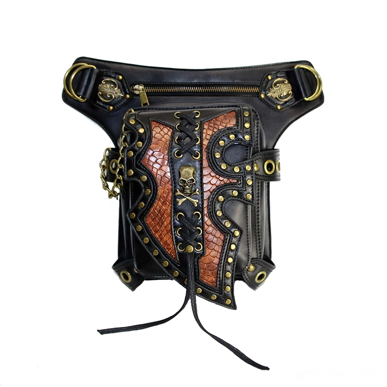 Flat lay product shot of gothic waist bag showing antique brass hardware, zipper closure, chain details and lace trim