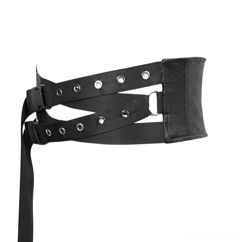 Side front view flat lay of dual-strap gothic punk waist belt with metal eyelets and D-ring fastener