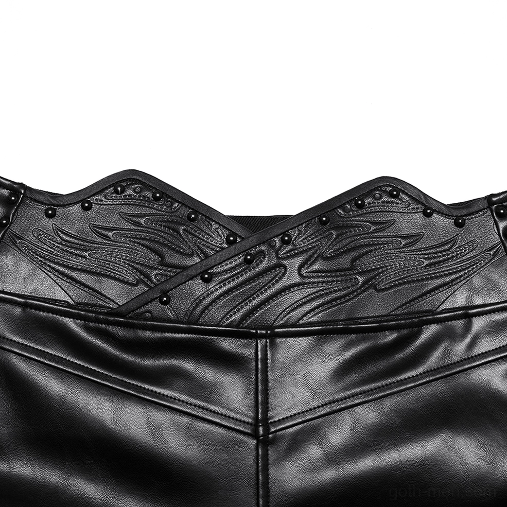 Close-up of 3D curved waistband with embossed flame pattern and decorative studs, glossy PU leather texture