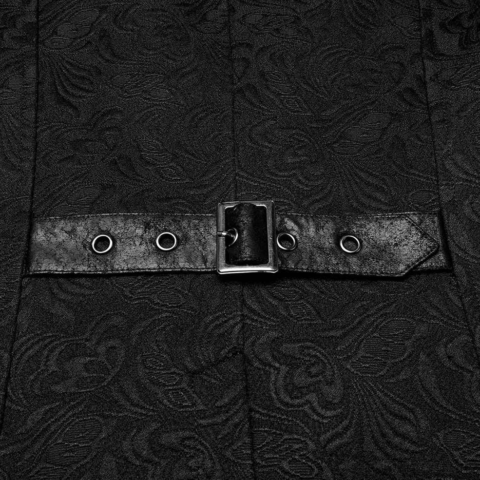 Detailed close-up of black gothic waistcoat adjustable back leather belt with square metal buckle and grommet holes