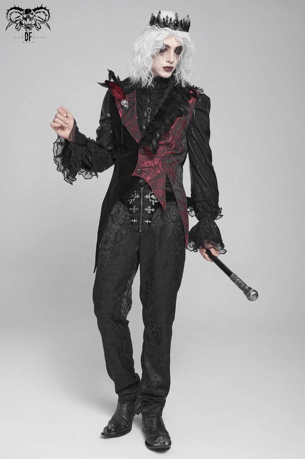 Alternative angle of wine red and black gothic waistcoat showing feather lapel dimension and jacquard texture