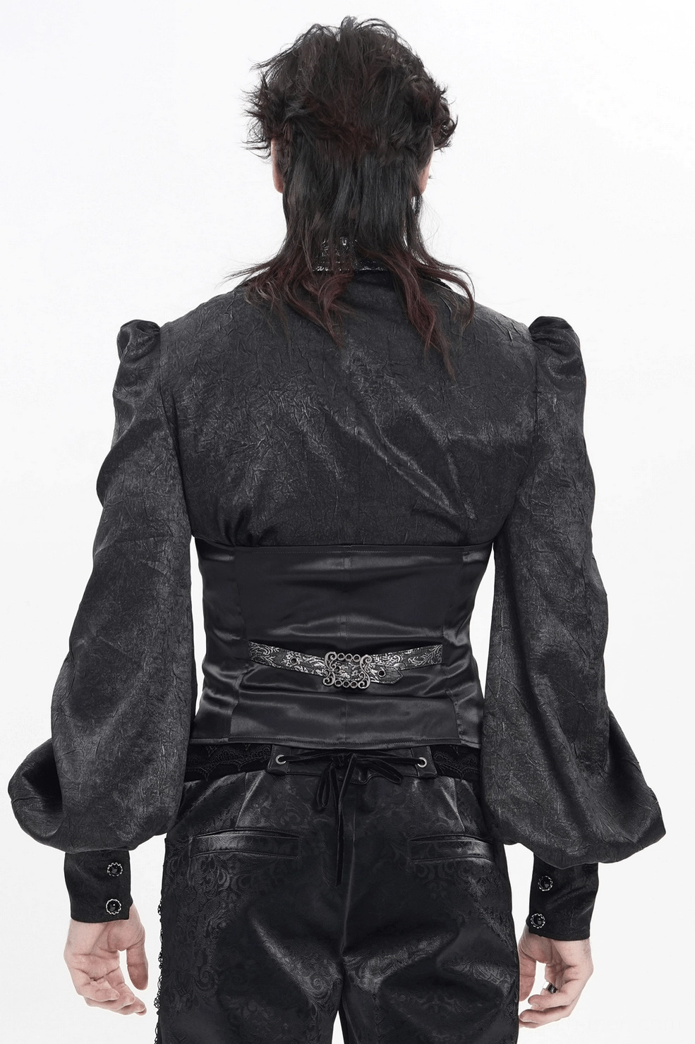 Black silver gothic waistcoat fashion styling side profile alternative goth ensemble