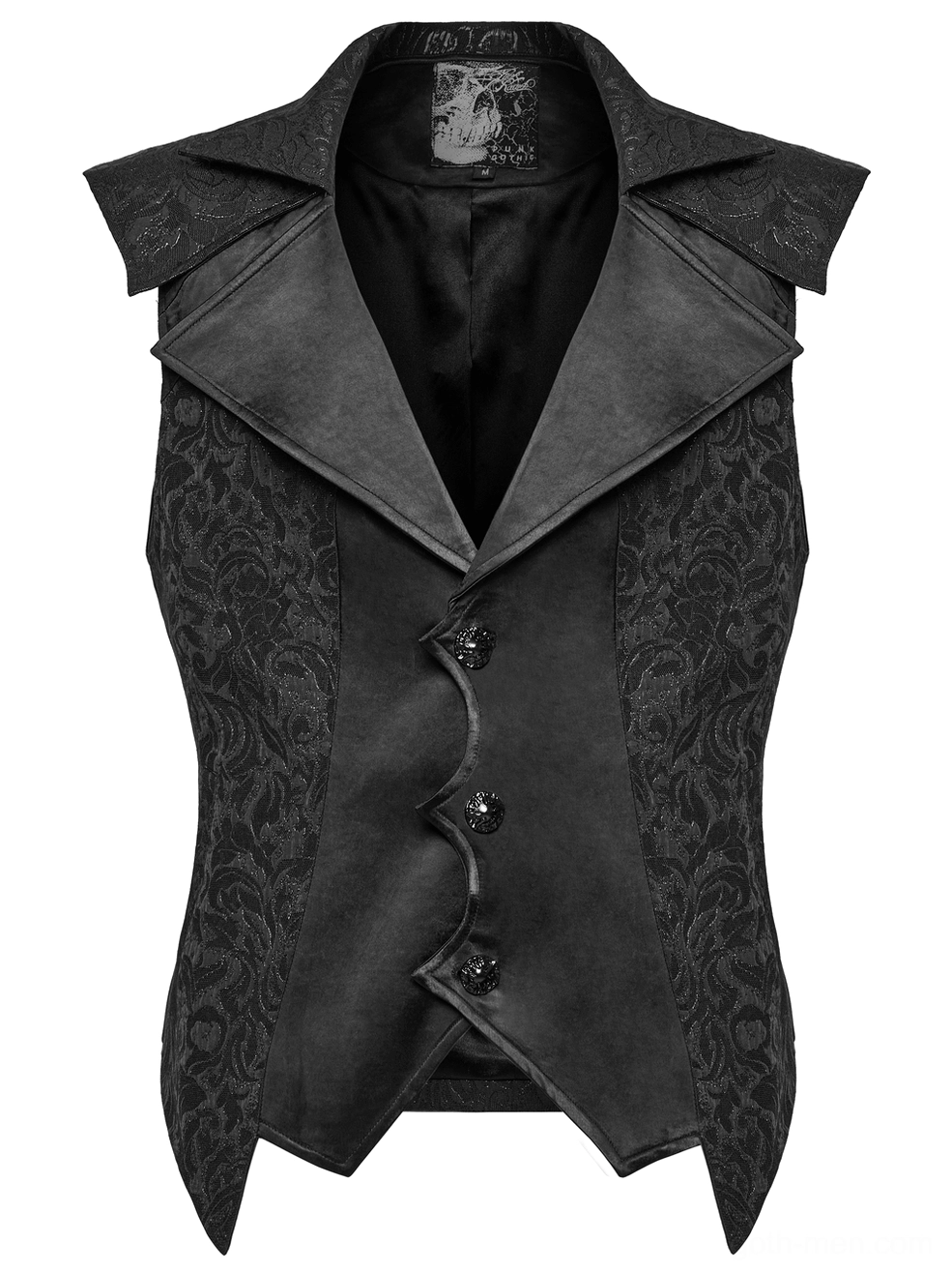 Black jacquard gothic waistcoat front flat lay showcasing asymmetrical button closure, pointed bottom hem, and mixed jacquard side panel details