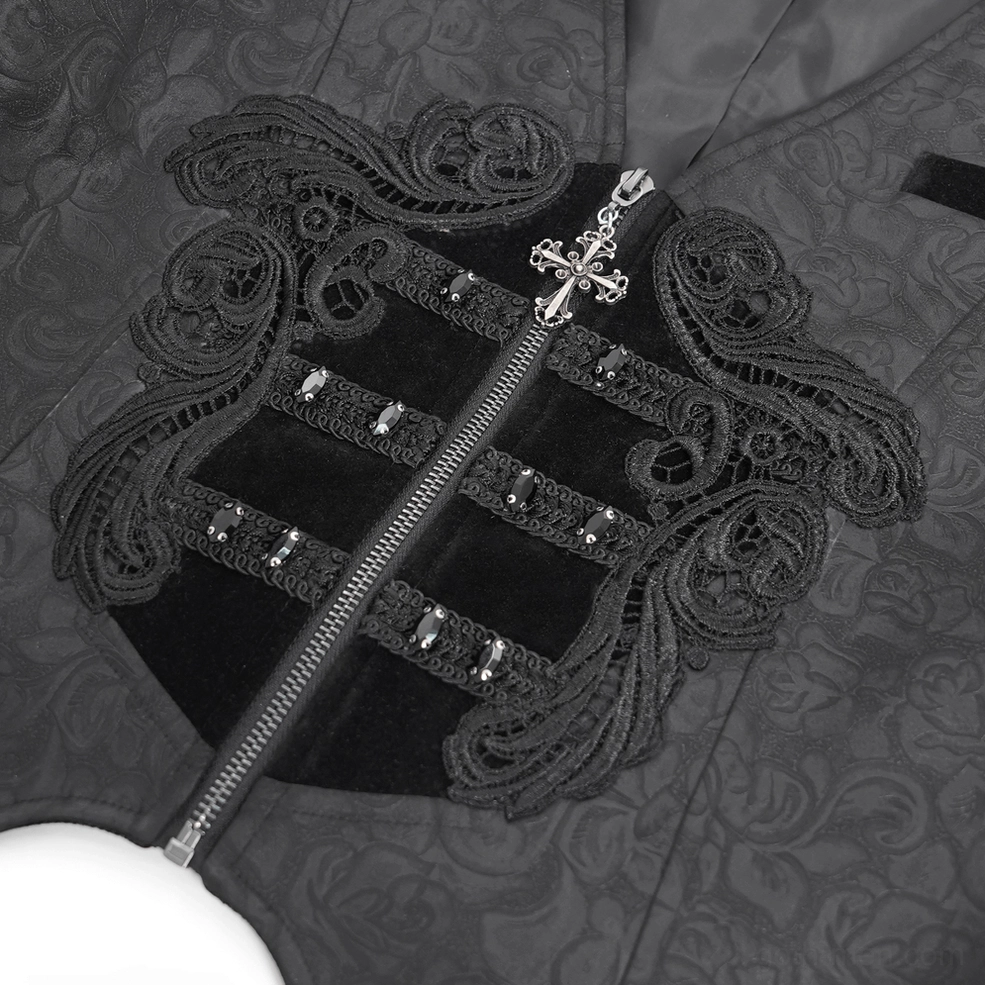 Black gothic floral waistcoat showing asymmetrical hem design and side buckle adjustment system