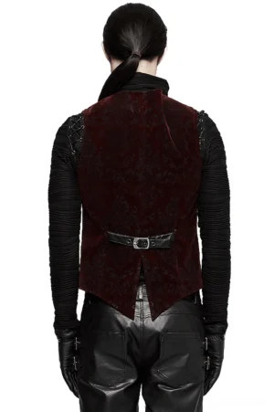 Gothic velveteen waistcoat back view showing adjustable leather belt with buckle and split hem detail on male model