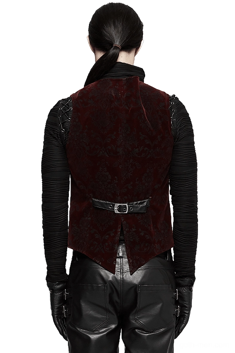 Gothic velveteen waistcoat back view showing adjustable leather belt with buckle and split hem detail on male model