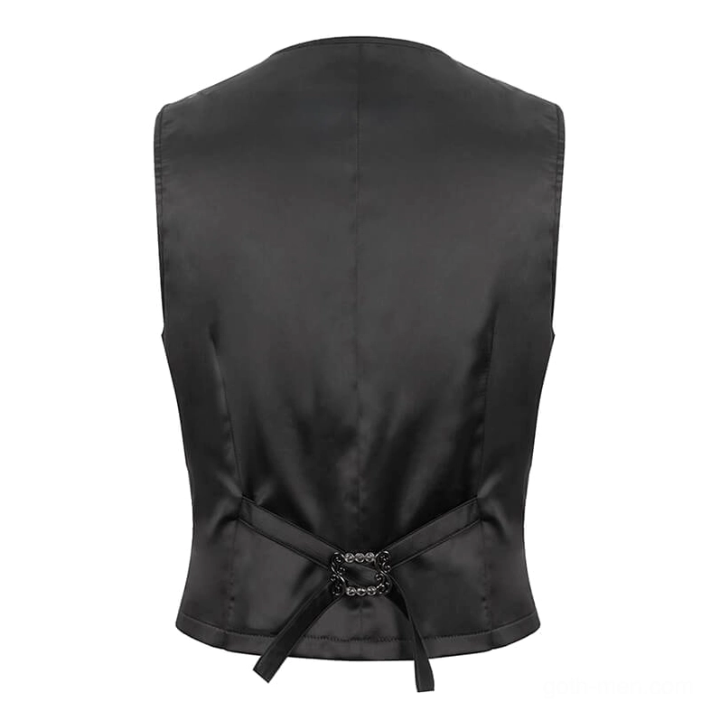 Close-up of black gothic waistcoat adjustable back belt with faux leather straps and ornamental vintage buckle