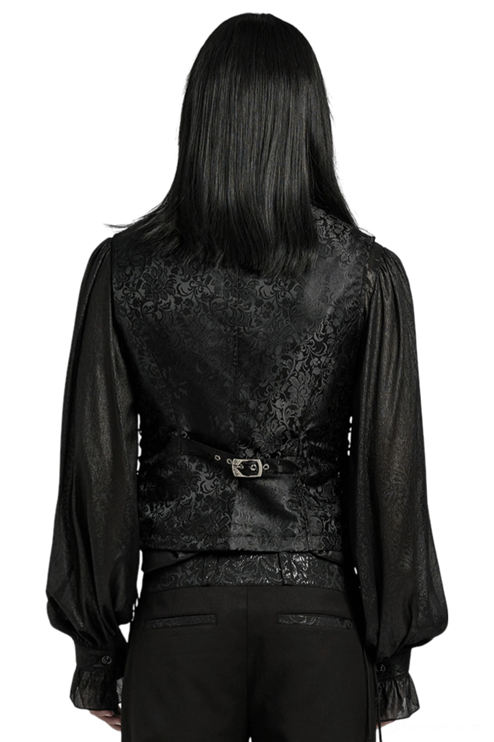 Gothic waistcoat rear view showing adjustable metal buckle back closure system