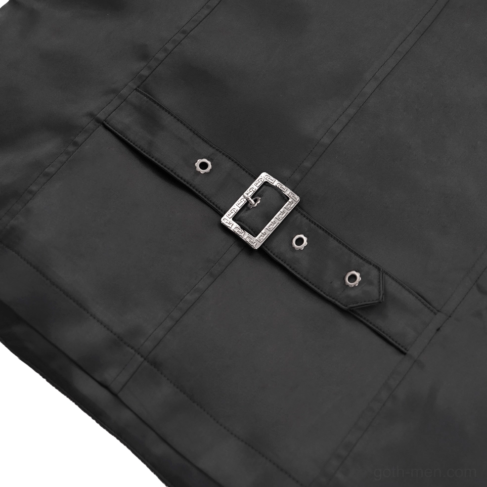 Close-up detail of black gothic waistcoat back rectangular metal buckle and adjustable strap