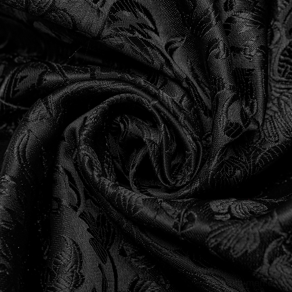Close-up of gothic waistcoat back metal buckle adjuster and decorative hardware showing dark floral jacquard fabric and professional craftsmanship