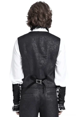 Gothic waistcoat back view showing decorative metal buckle strap and floral jacquard texture