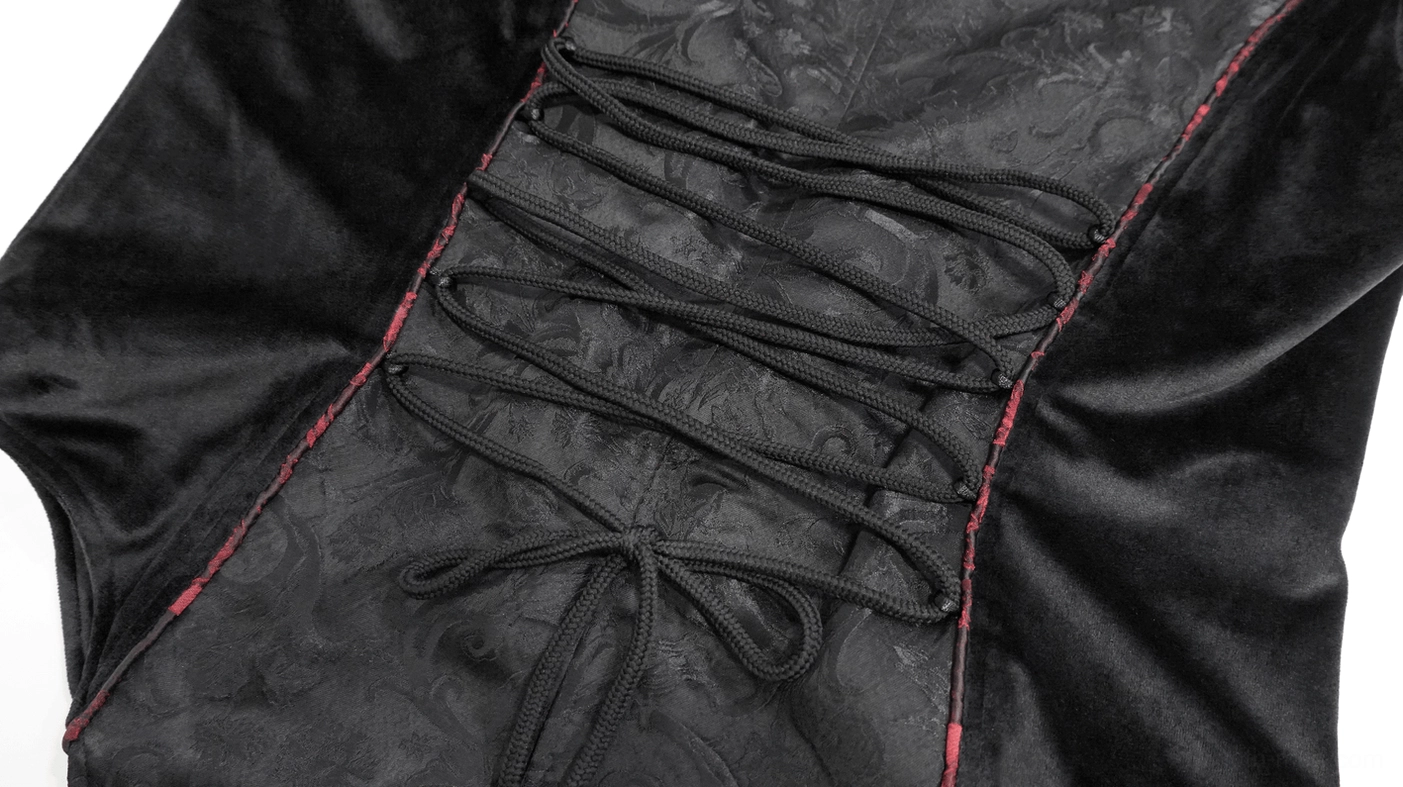 Close-up rear view of gothic waistcoat back corset-style lace-up closure with red piping and embossed jacquard