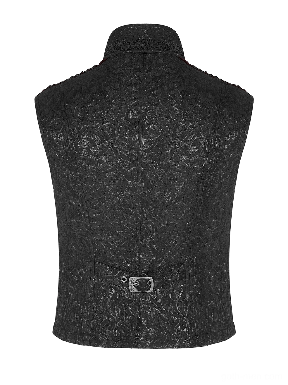 Rear view of black jacquard gothic waistcoat displaying embossed floral pattern and back metal belt