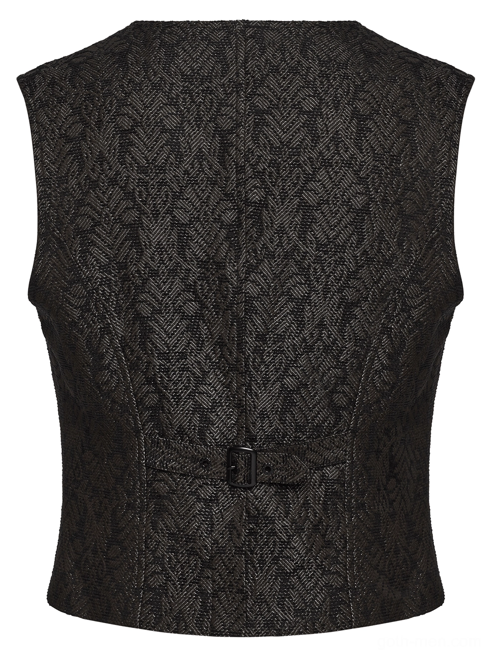 Back flat lay of coffee brown jacquard waistcoat with adjustable buckle closure system