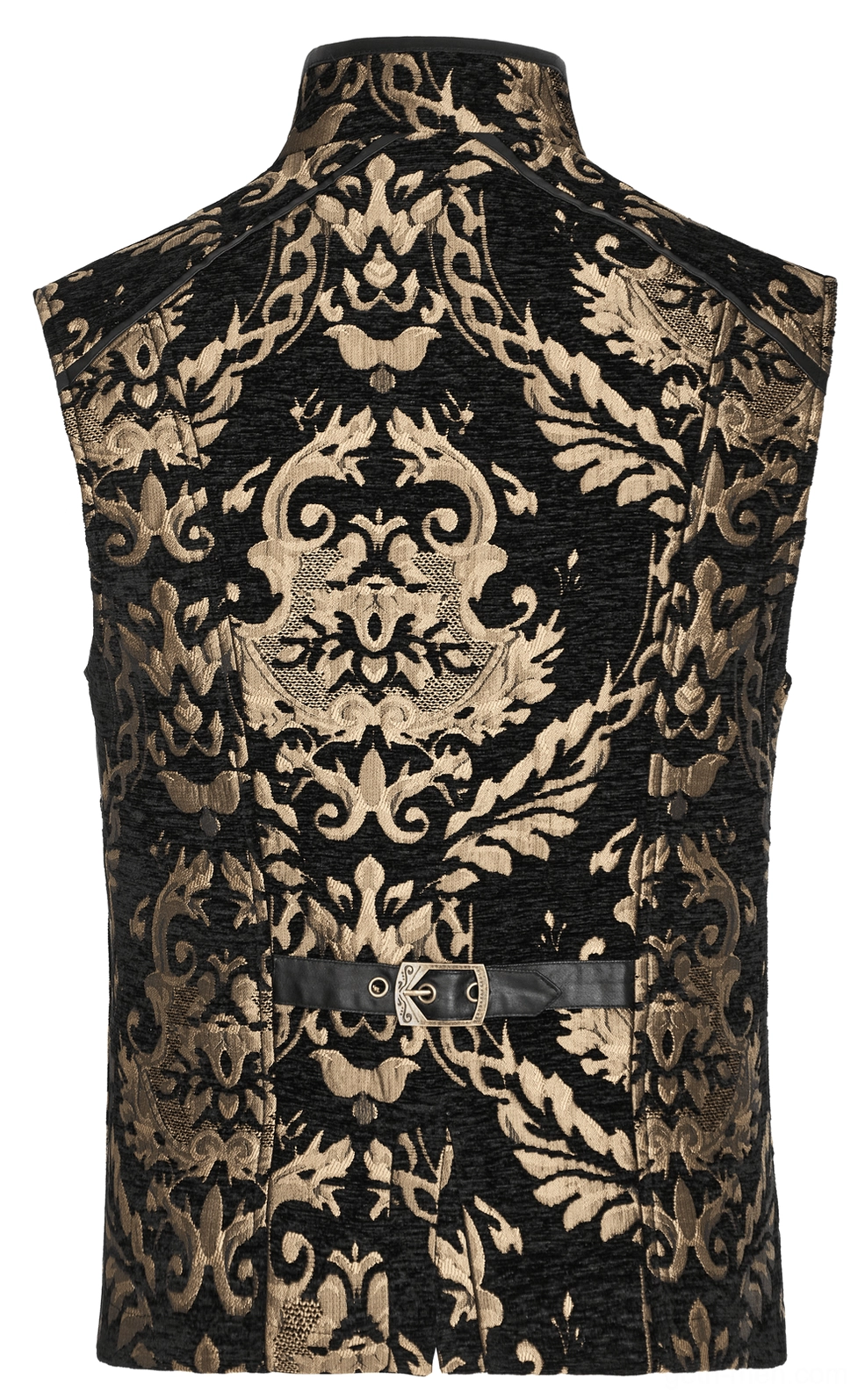 Back flat lay of black and gold gothic waistcoat showing full damask brocade pattern and leather belt