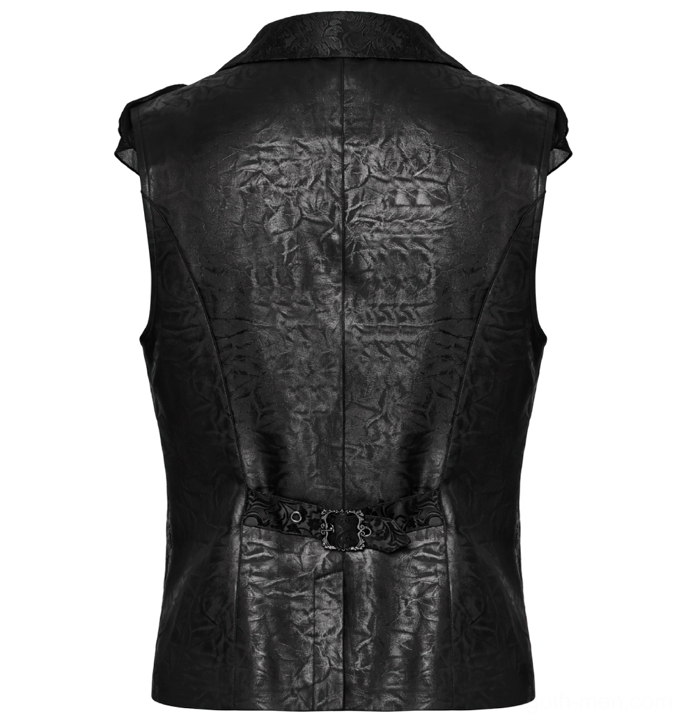 Back flat lay of gothic waistcoat displaying central back seam, embossed jacquard texture, and waist adjustment buckle