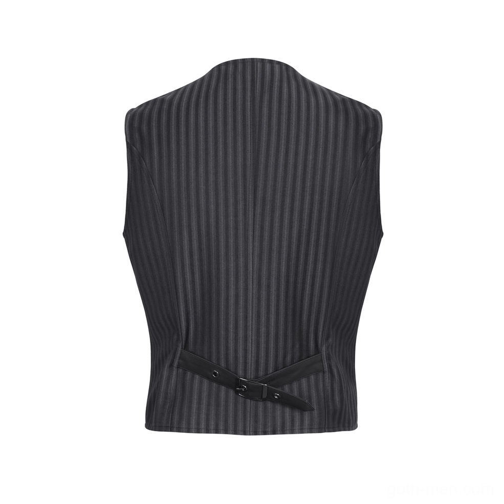 Black gothic waistcoat rear flat lay showing full pinstripe pattern and leather back strap