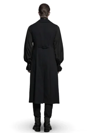 Black gothic vampire waistcoat back view on model - adjustable waist buckle and long hem detail