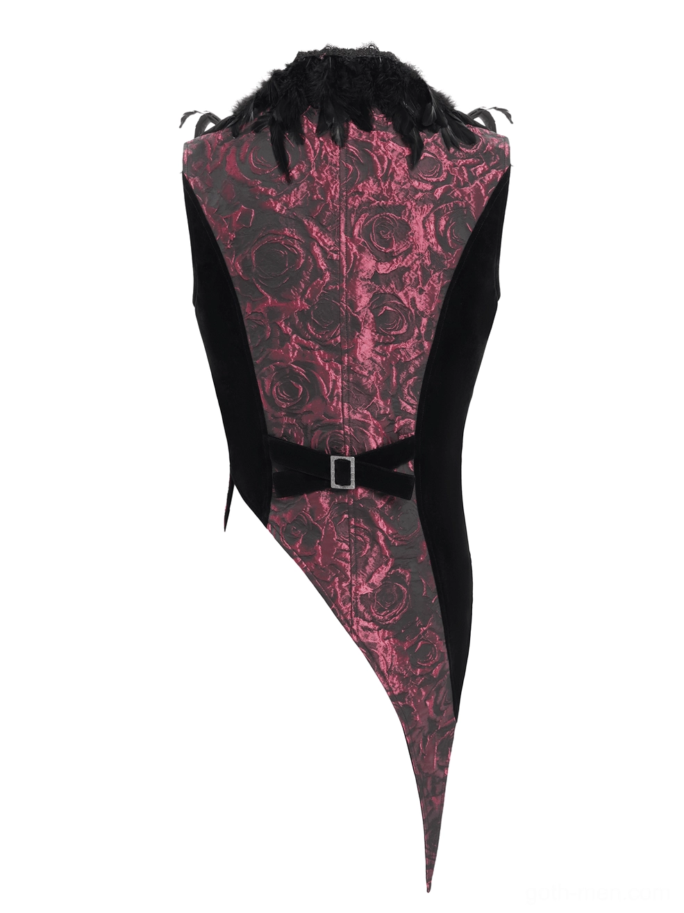 Full back view of gothic waistcoat on mannequin displaying rose jacquard pattern, waist belt with square buckle, and velvet construction