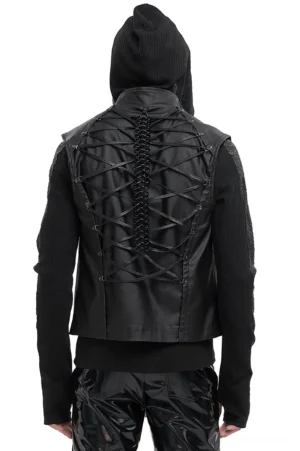 Back view of men's gothic waistcoat showing dramatic crisscross lace-up system and chain trim