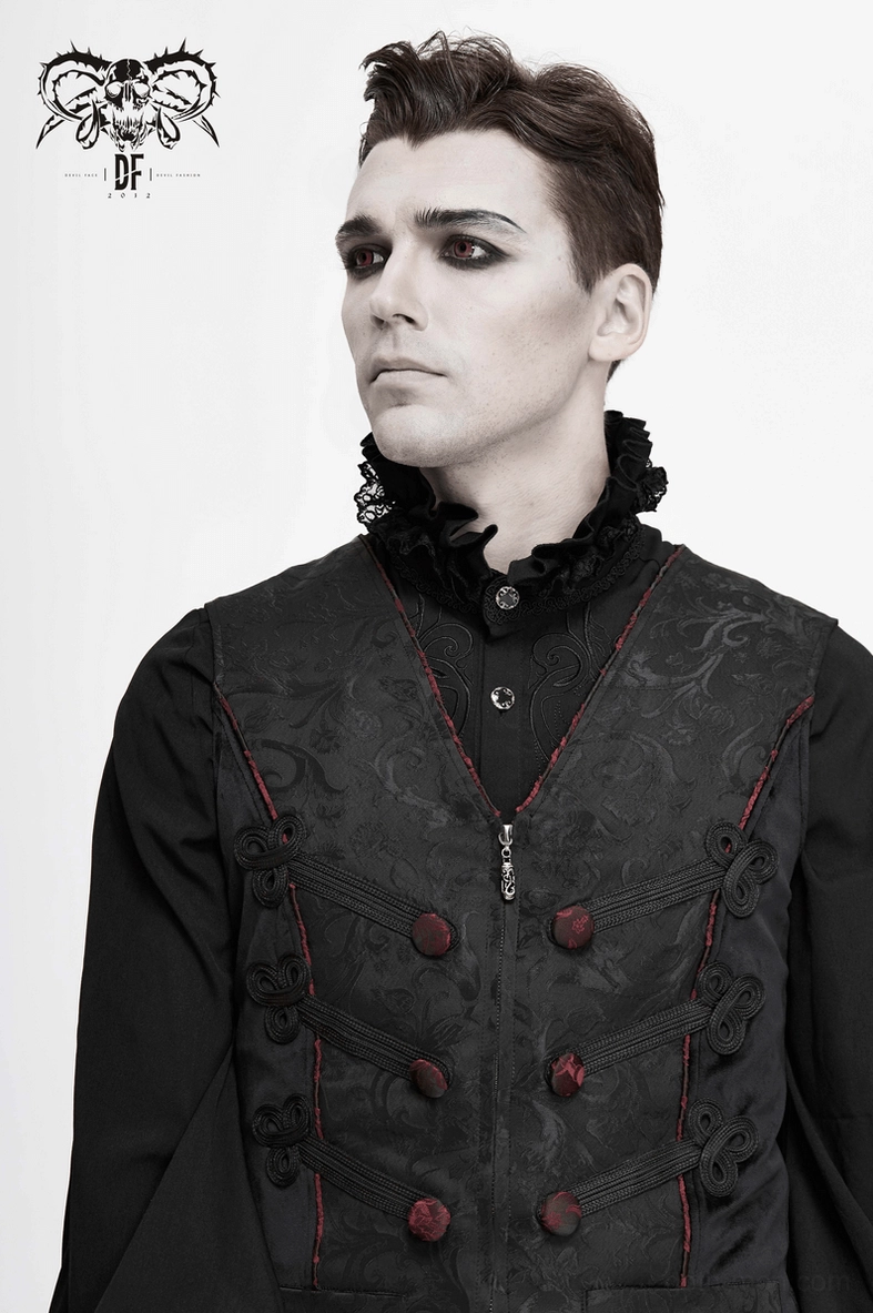 Black gothic jacquard waistcoat back lacing detail showing ornamental cord construction and fit customization