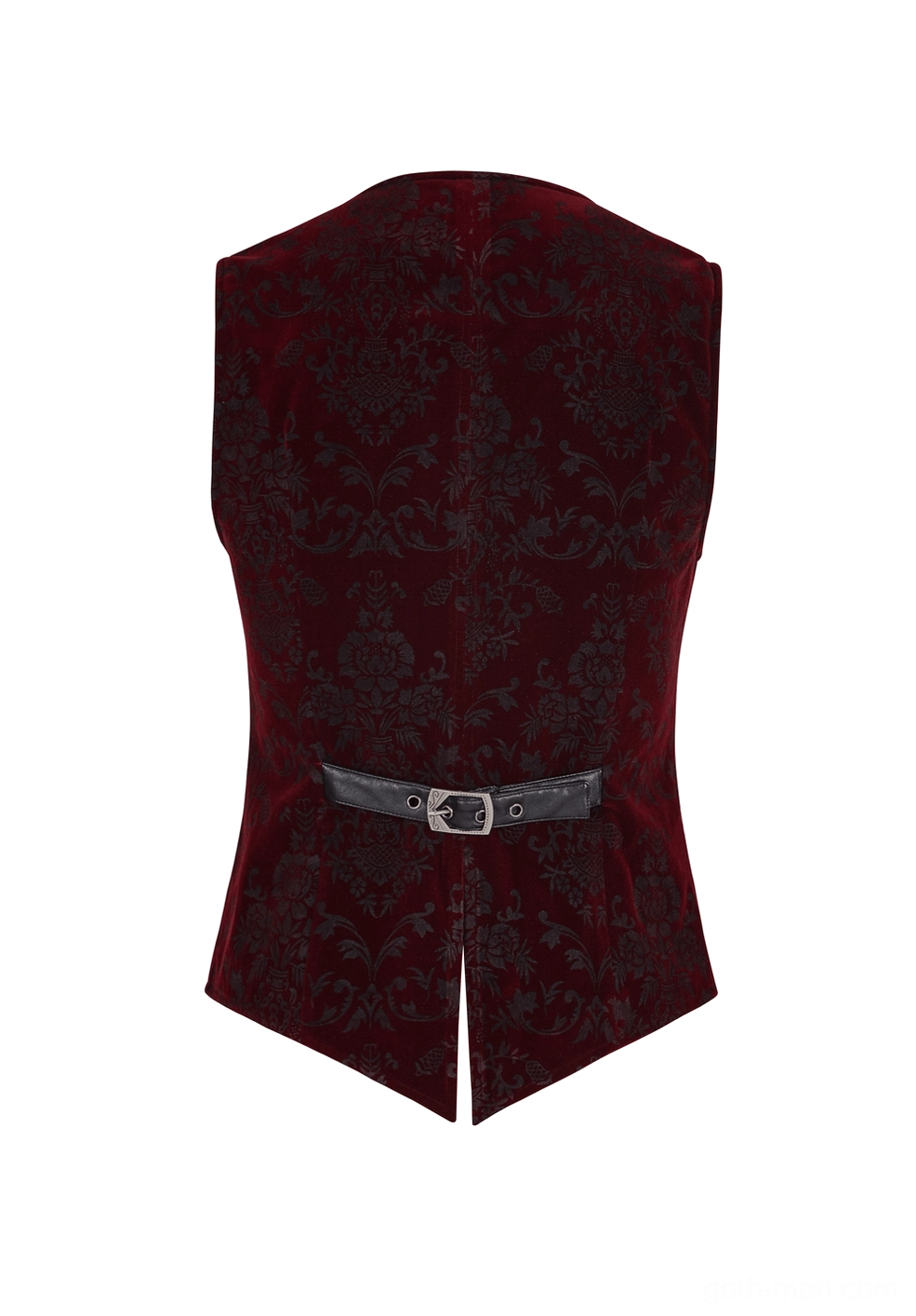 Back flat lay detail of gothic damask waistcoat featuring leather adjustment belt and split bottom hem