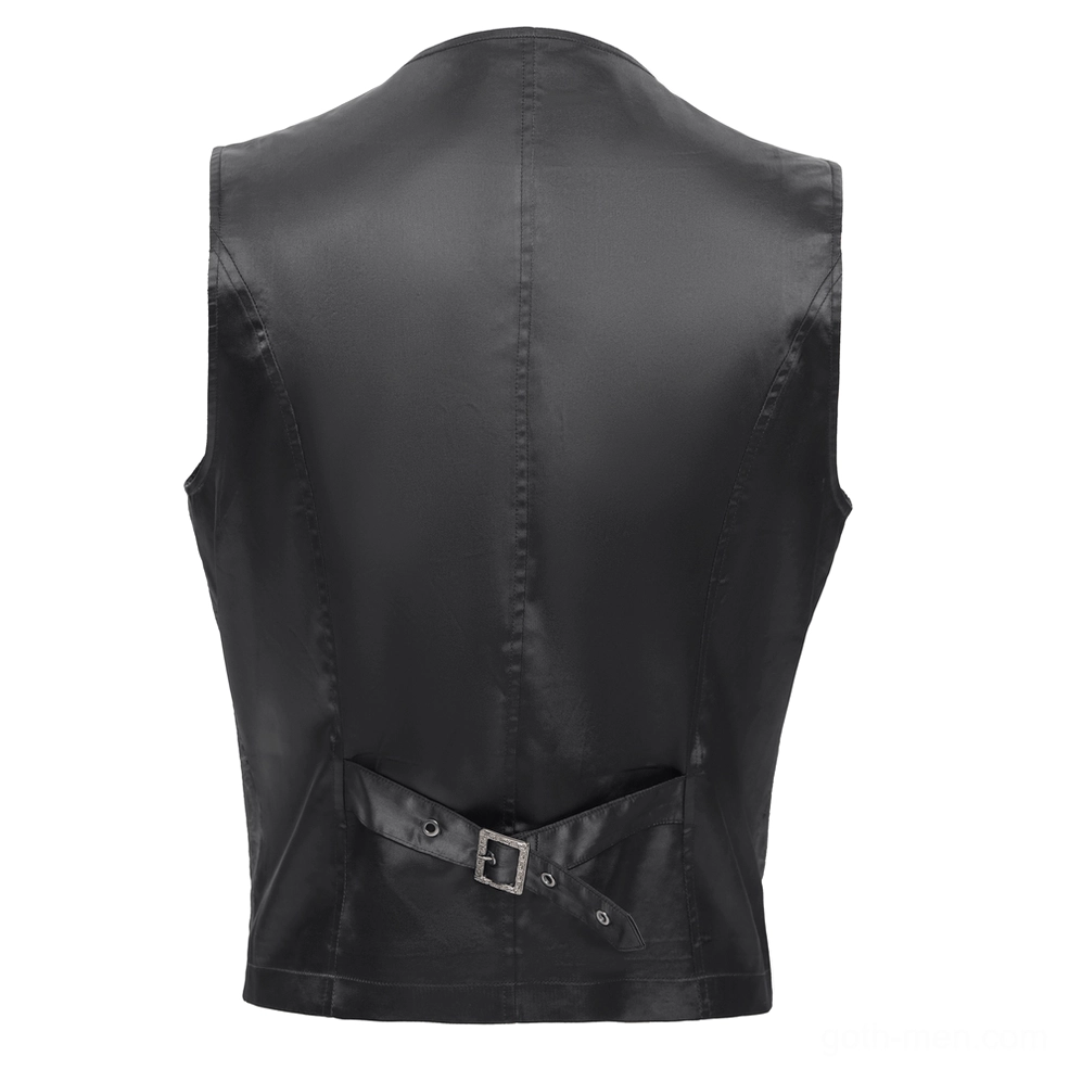 Black gothic waistcoat back view on mannequin displaying smooth matte fabric and tailored cut