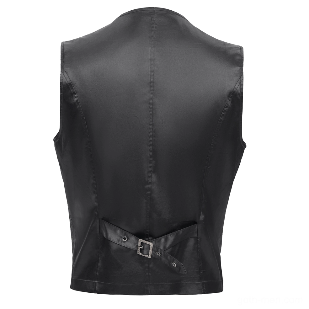 Rear flat lay of gothic waistcoat showing solid black matte back panel and adjustable belt buckle closure