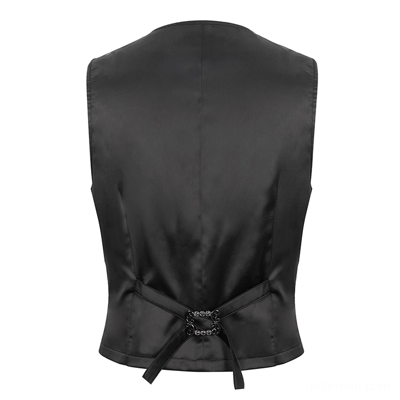 Gothic waistcoat back panel flat view showing satin black fabric with ornate scroll-shaped metal buckle and adjustable tie-back straps