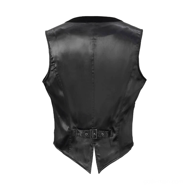 Gothic waistcoat back panel detail showing smooth satin fabric, adjustable belt, and rear split construction