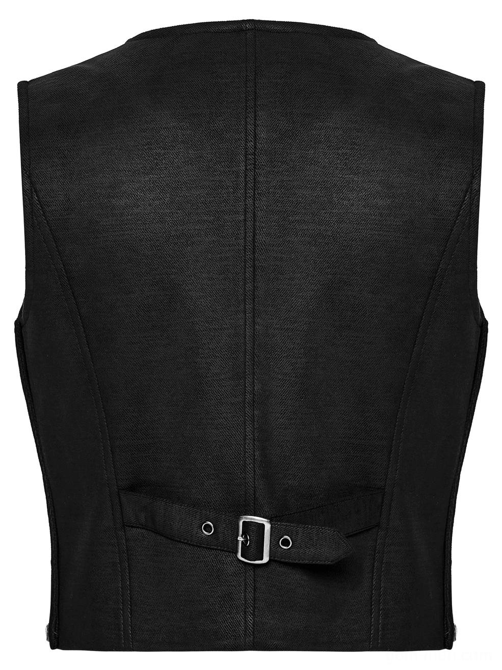 Black gothic waistcoat back panel close-up matte faux leather with adjustable buckle