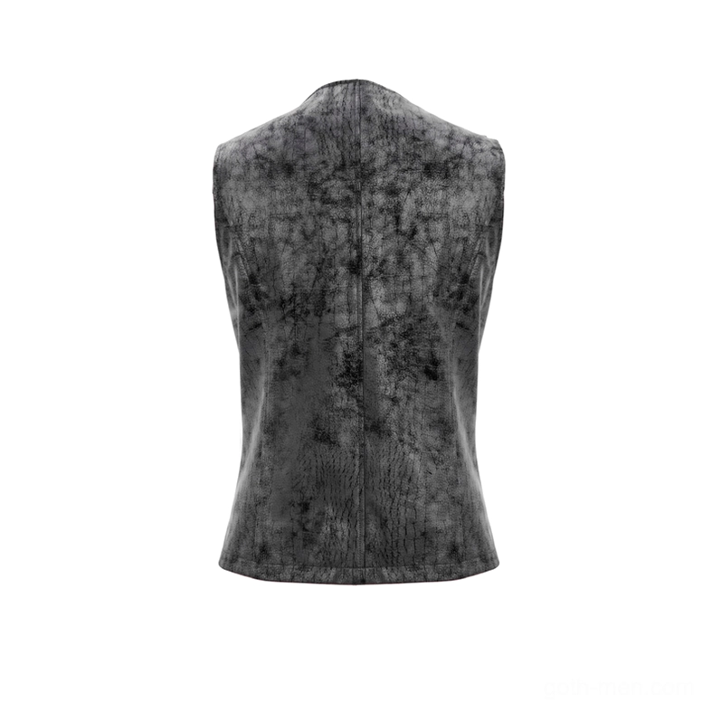 Rear panel detail of black gothic leather waistcoat showing distressed cracked texture finish