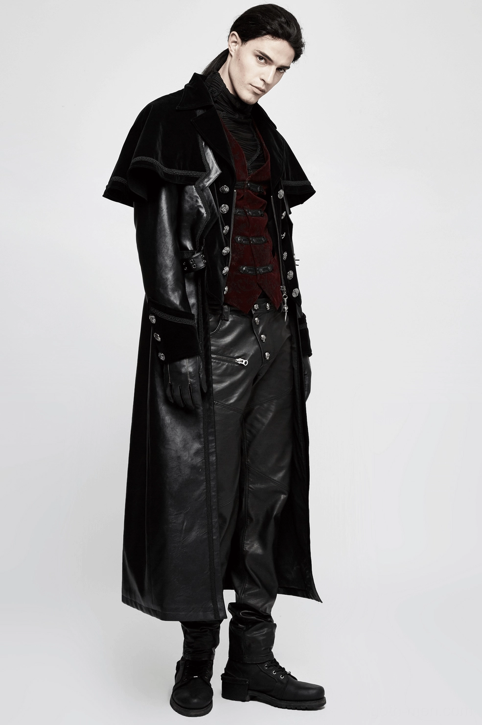Gothic waistcoat back profile view showing split hem design and adjustable leather back belt on model