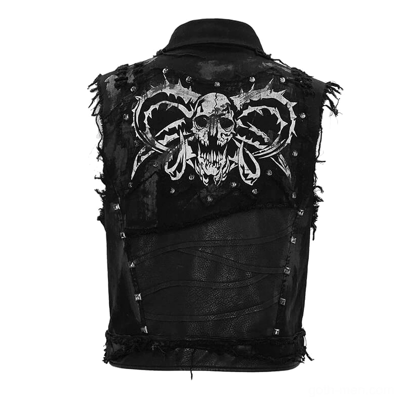 Back flat lay view of black gothic waistcoat featuring skull horn print and leather panel