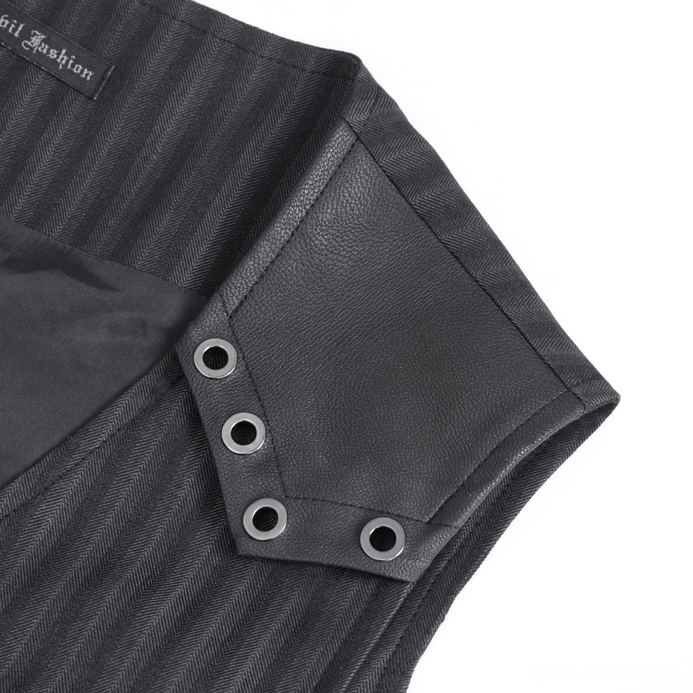 Black gothic waistcoat back strap close-up detail with metal eyelets and faux leather trim