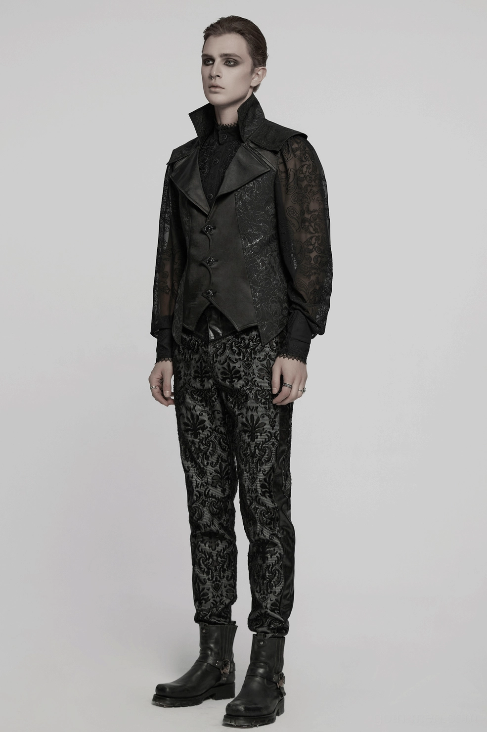 Black jacquard gothic waistcoat back full view on model showing damask embossed pattern, defined waist buckle, and structured silhouette