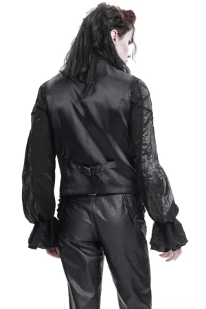 Rear view of gothic waistcoat showing adjustable back belt with square buckle and black leather-style trousers