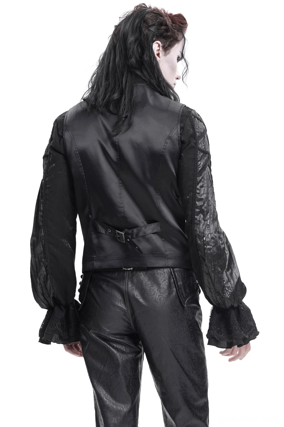 Rear view of gothic waistcoat showing adjustable back belt with square buckle and black leather-style trousers