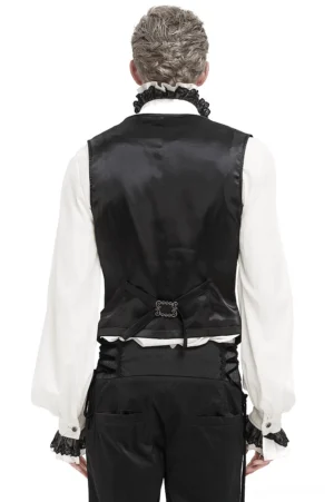 Black gothic waistcoat rear view showing satin back panel, adjustable belt with vintage buckle, white studio background
