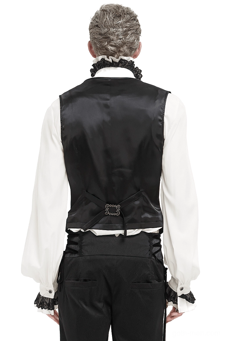 Black gothic waistcoat rear view showing satin back panel, adjustable belt with vintage buckle, white studio background