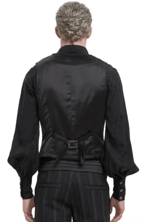 Gothic waistcoat rear view showing satin black back panel with adjustable ornate back belt on male model