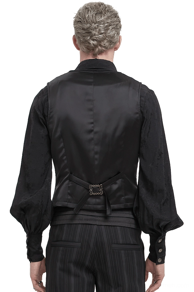 Gothic waistcoat rear view showing satin black back panel with adjustable ornate back belt on male model