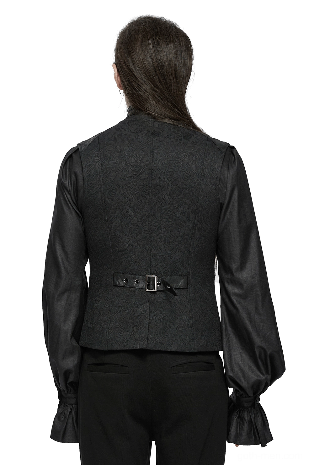 Black gothic waistcoat rear view showing adjustable leather back belt with square metal buckle and tailored fit